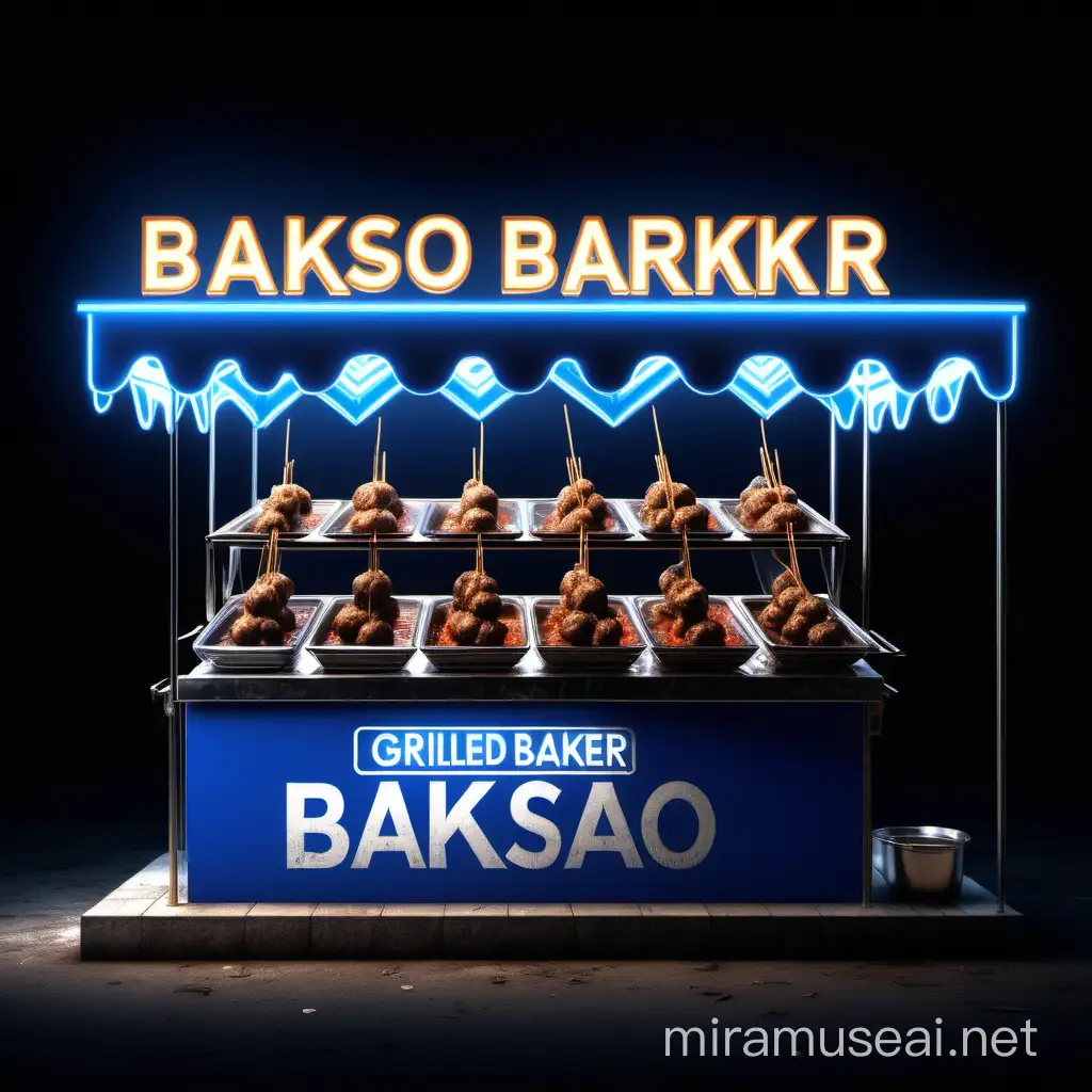 The latest design, a place to sell grilled meatballs, use a tent stand, on the side of the road, there is text written "bakso bakar" from blue neon light. Detailed, Clear and Intricate,Realistic, HD, 8K