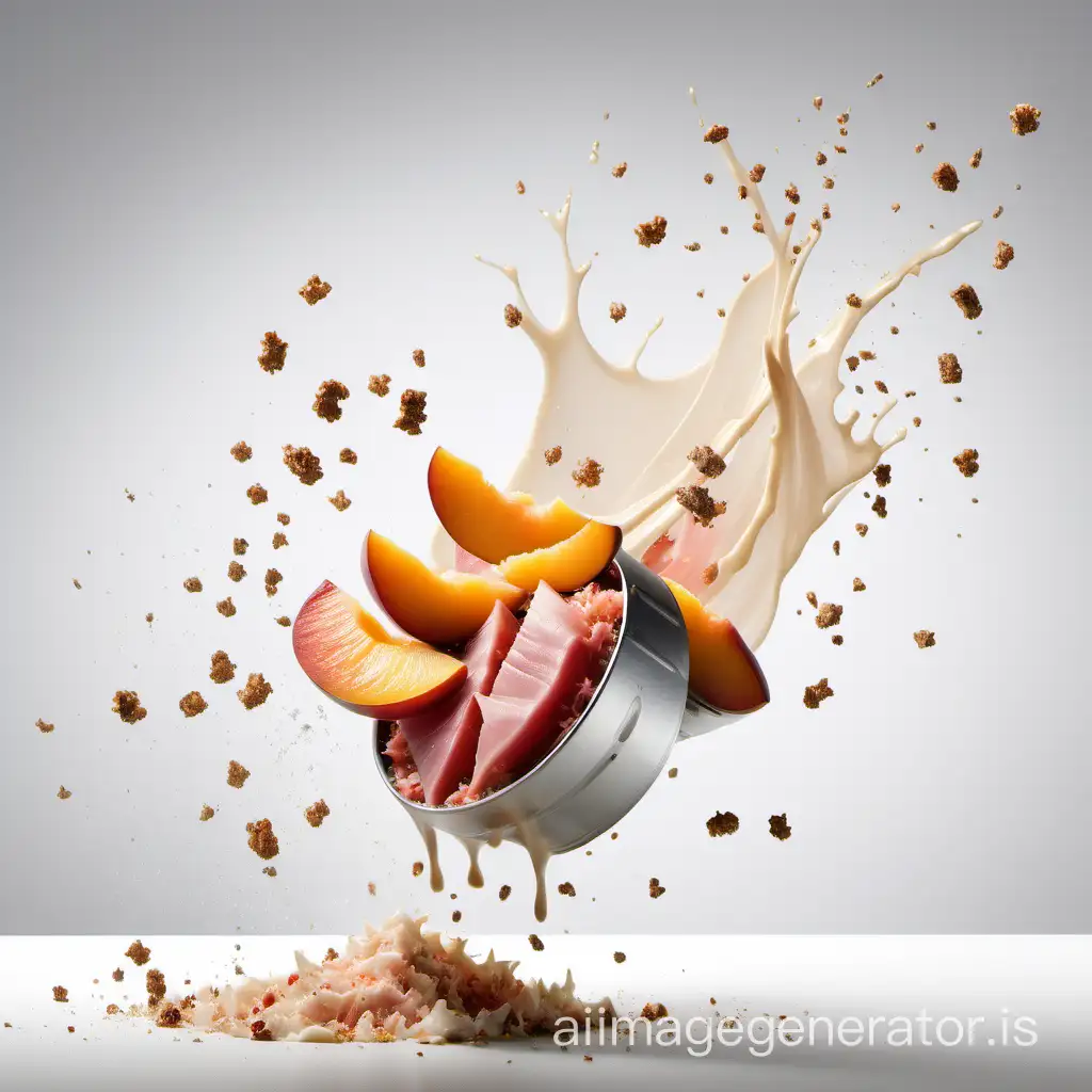 Flying food photography with [half peeled peaches, tuna crumbs] as the main subject, Splashes of tuna crumbs , [tuna crumbs], [mayonnaise],  ::3 Capturing the dynamic splashes of food using high-speed photography , photorealistic, surrealism style, [white background], trending background [clean], Minimalist ::2 [Cuware], [Table], [ Steam], [Smoke],  ::-0. 5 Ad Posters, Pro-Grade Color
