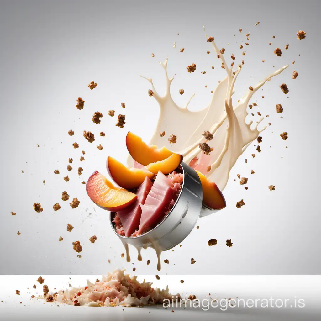  Flying food photography with [half peeled peaches, tuna crumbs] as the main subject, Splashes of tuna crumbs , [tuna crumbs], [mayonnaise],  ::3 Capturing the dynamic splashes of food using high-speed photography , photorealistic, surrealism style, [white background], trending background [clean], Minimalist ::2 [Cuware], [Table], [ Steam], [Smoke],  ::-0. 5 Ad Posters, Pro-Grade Color 