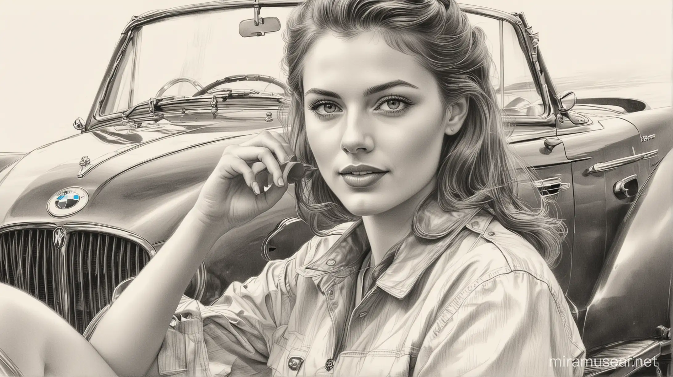 
Attractive girl in a sports BMW. 1940s pencil sketch style graphic