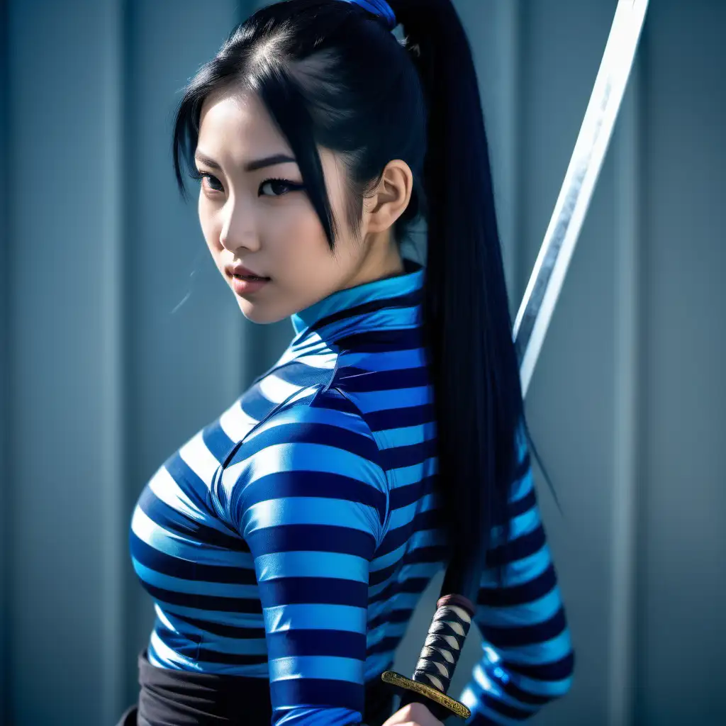 beautiful Asian girl, long black hair high ponytail, navy blue pacific blue skintight horizontal striped costume, four katana, Oregon, day