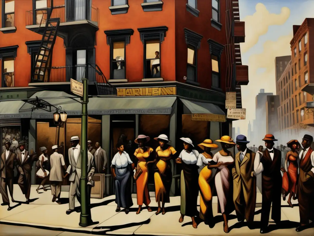 Harlem renaissance art style painting of people on the corner of a street in Harlem