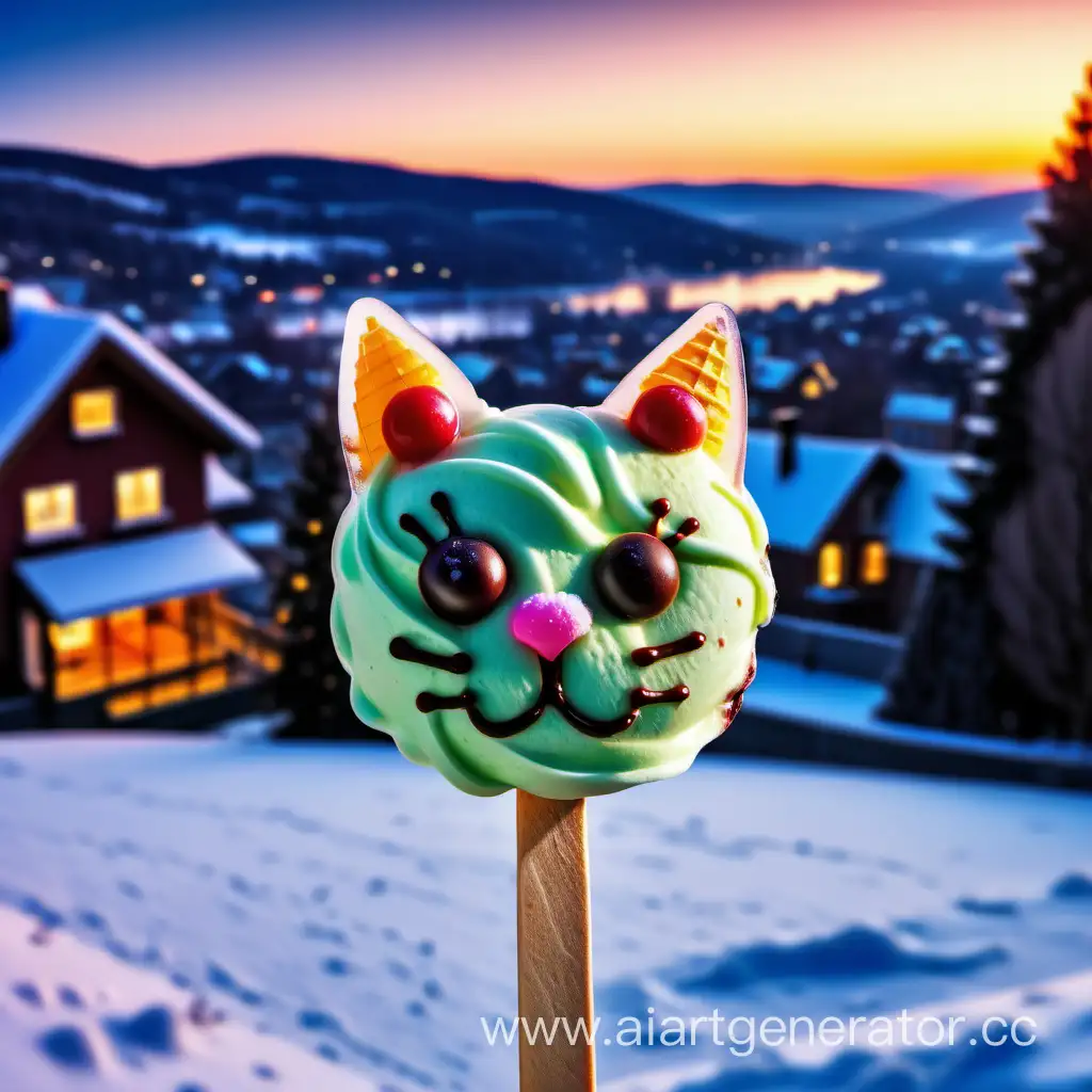 Красивое мороженное на палочке в виде кошачьего лица. На заднем плане зимний вечер, дом и красивый вид