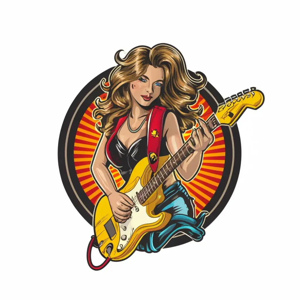 logo, rock and roll female musician , no words, ultra  Detailed, bright colors ,ultra sharp narrow outlined image, no jagged edges,  vibrant colors, ,Contour, Vector, White Background, NO WORDS, hyperdetailed , sharp outlined image, no jagged edges, vibrant colors, , with the text ".", typography