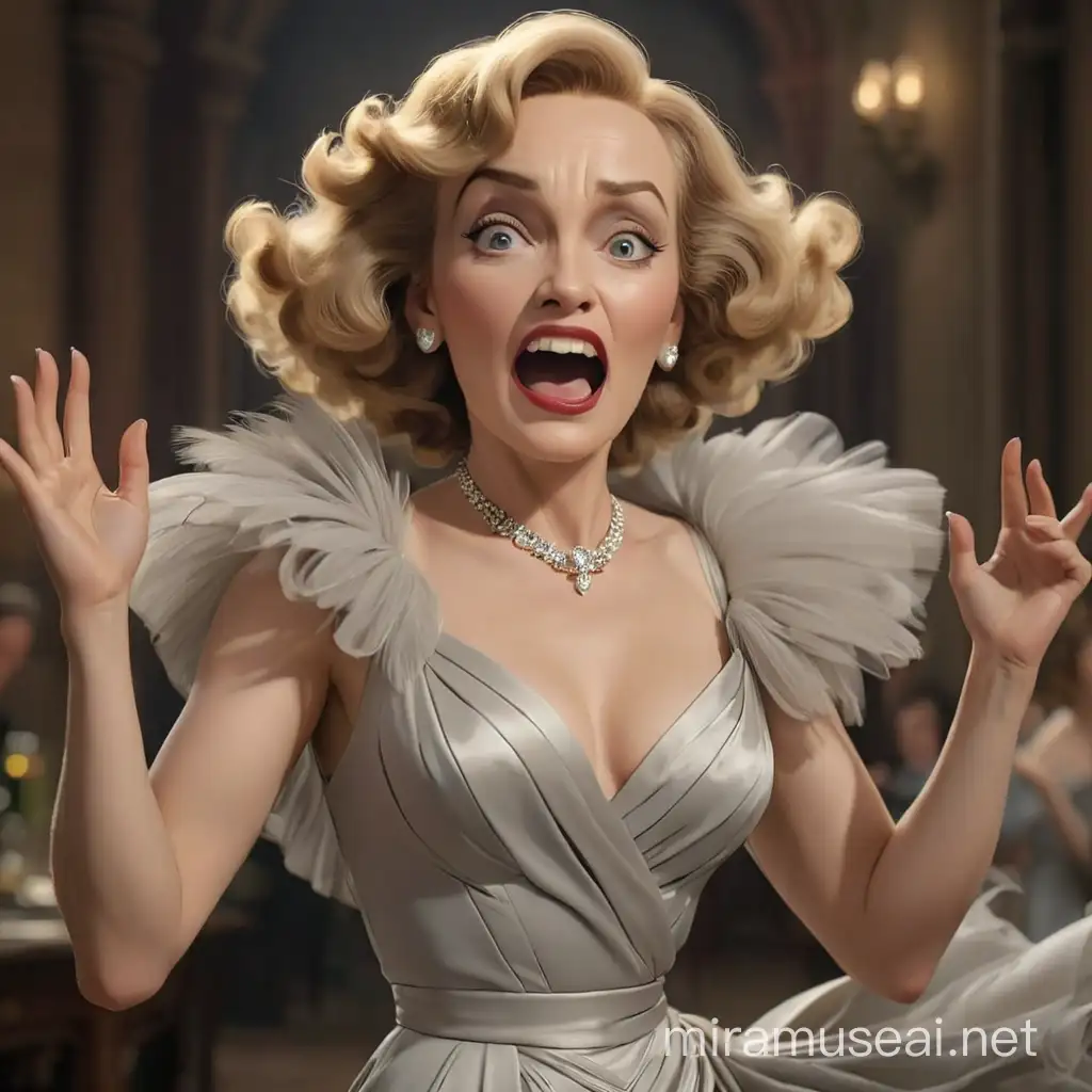  Actress Marlene Dietrich is angry and yelling at someone. Dressed in a beautiful evening dress. Thin long eyebrows, high forehead, outlined lips, neat long nose, wavy hair tucked into a hairstyle of the early 20th century. We see her full-length with arms and legs, she waves her arms emotionally. Image in the style of realism 3d animation