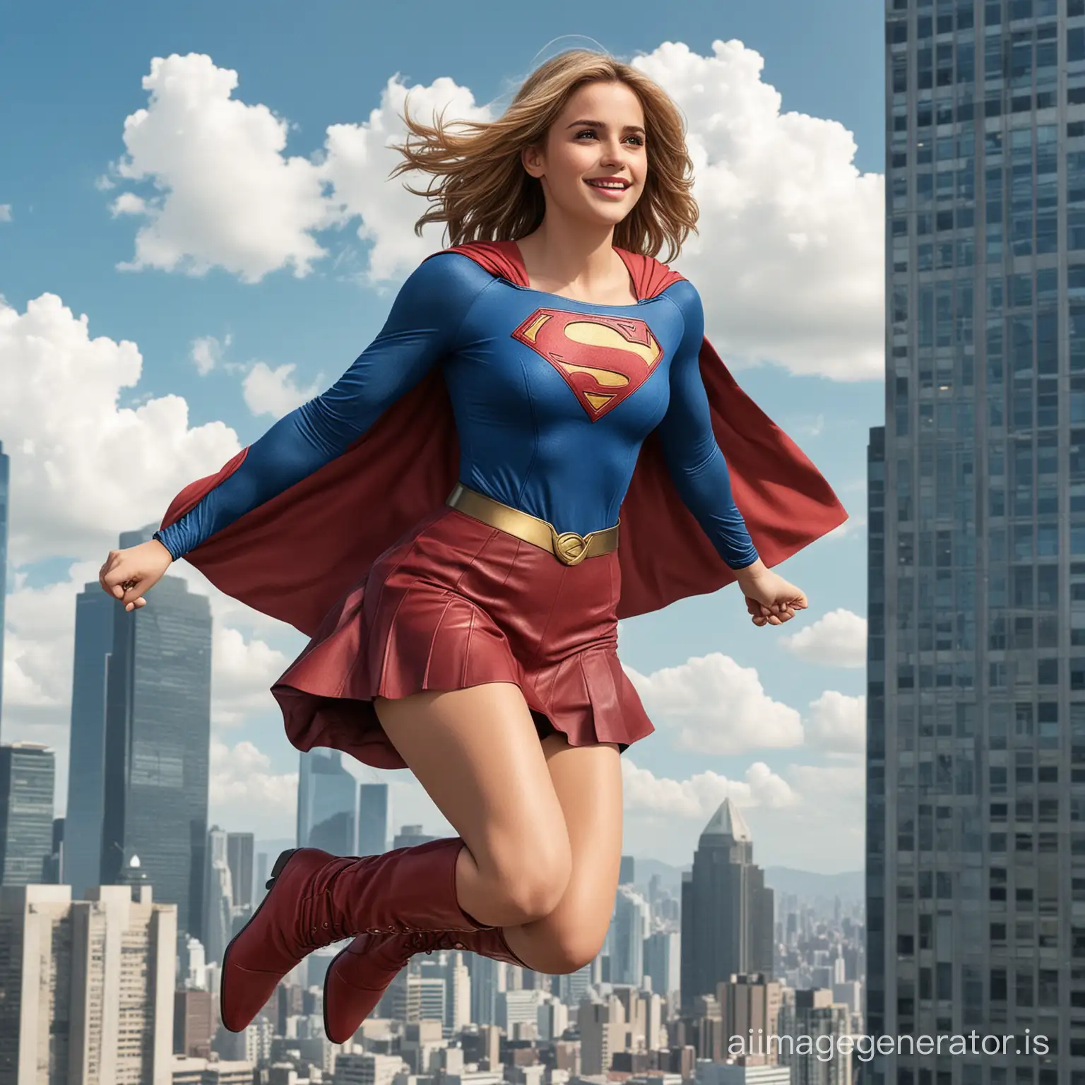 Most happiness-inducing image that includes Supergirl looking at you and her face is perfect because it is a mix between actress Emma Watson and Marcela Mar (colombian actress). Her perfect smile is conveying joy, flirt, eternal love and acceptance for the viewer. She has big breasts, wide hips, slim waist, red boots and skirt, perfect blond hair. She is around 27 years old and she is floating in the air with confidence and in a femenine way. In the background there are skyscrappers, a blue sky, and white clouds in anime style. The image is in the style of modern realistic DC comics.