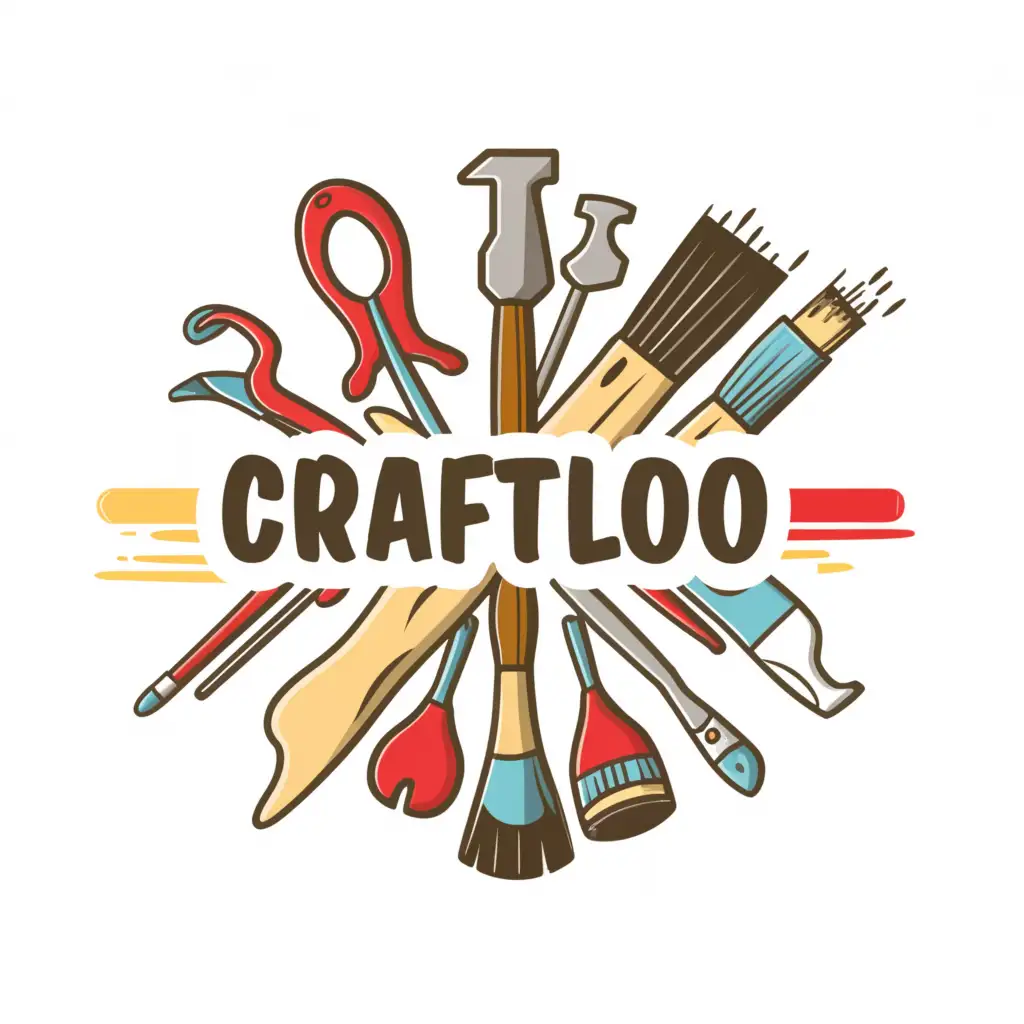 a logo design,with the text "Craftiloo", main symbol:Hammer and nails
Paintbrush and paint
Scissors
Sewing needle and thread
Glue bottle
Pencil and ruler
Tape 
Embroidery hoop
Paint palette and brushes
,Moderate,clear background