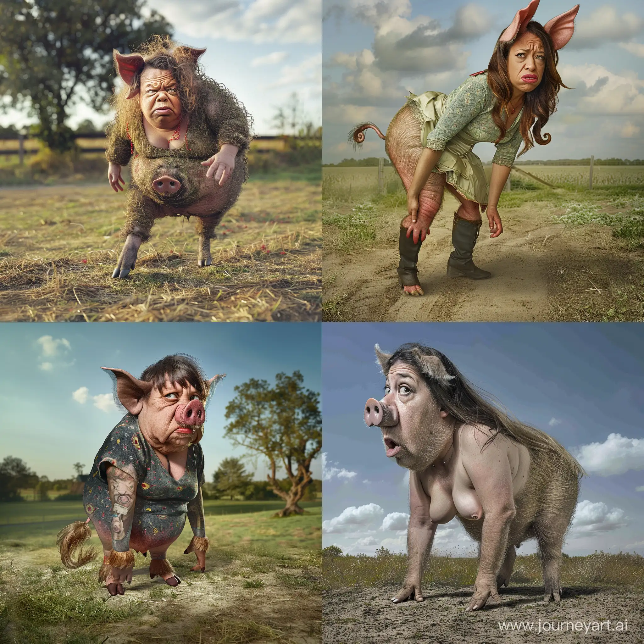 A photograph of a woman who has been transformed into a pig. She has hooves, fur and a tail. She is standing on all fours in a pasture with a confused look. Full body picture, Realistic lighting