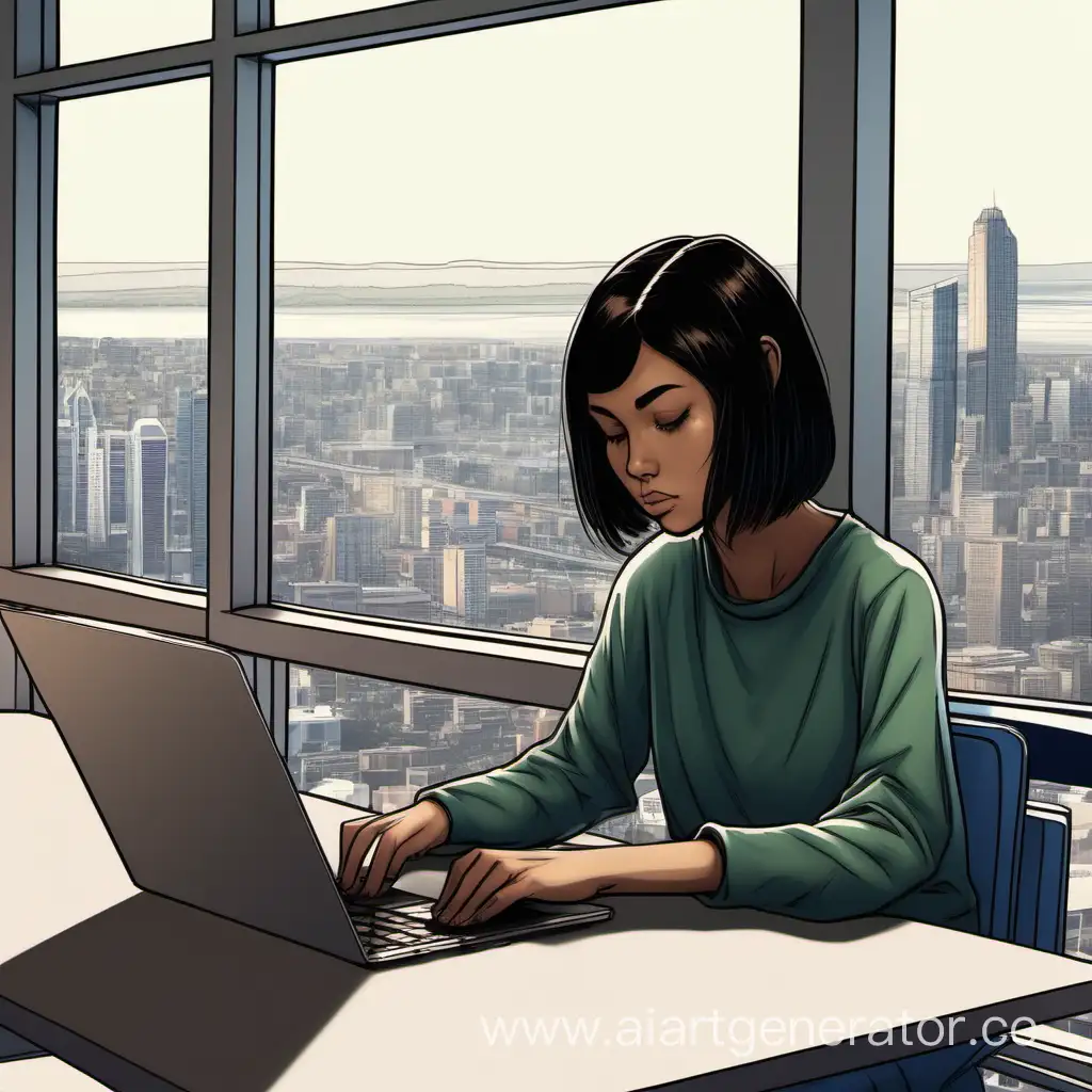 Young-Woman-Working-on-Laptop-with-Urban-View-Background