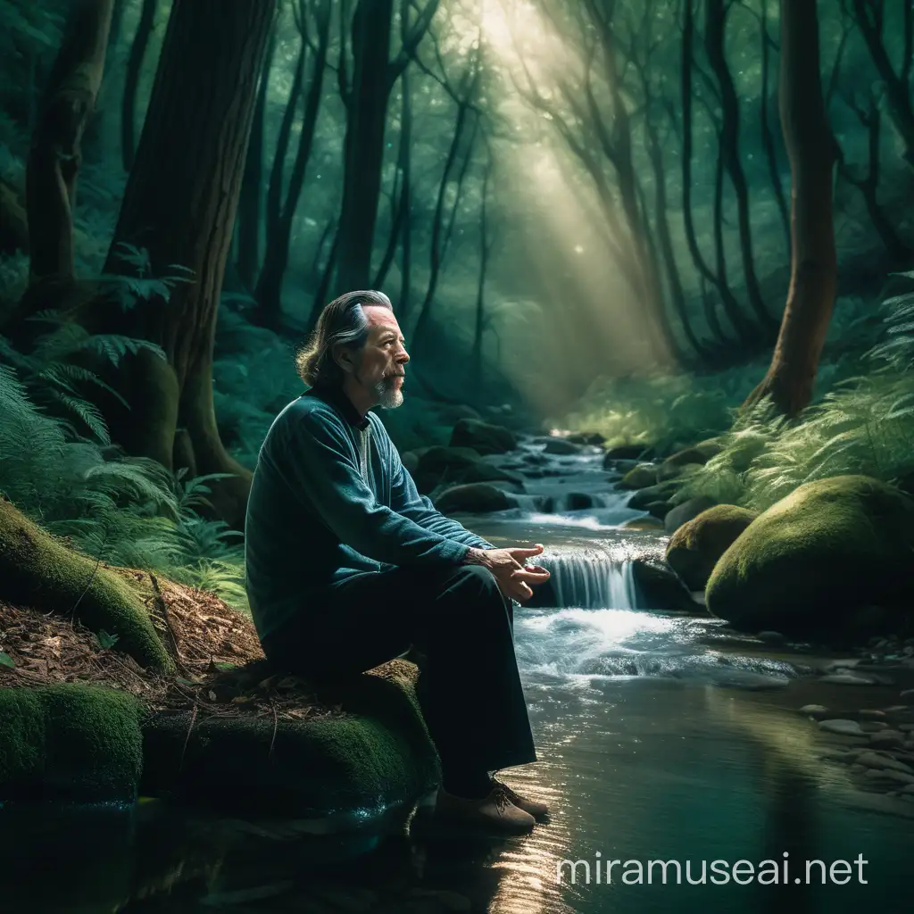 alan watts sitting in a meditative position in a dimly light forest, he is sitting next to a stream with cinematic light streaming through the trees