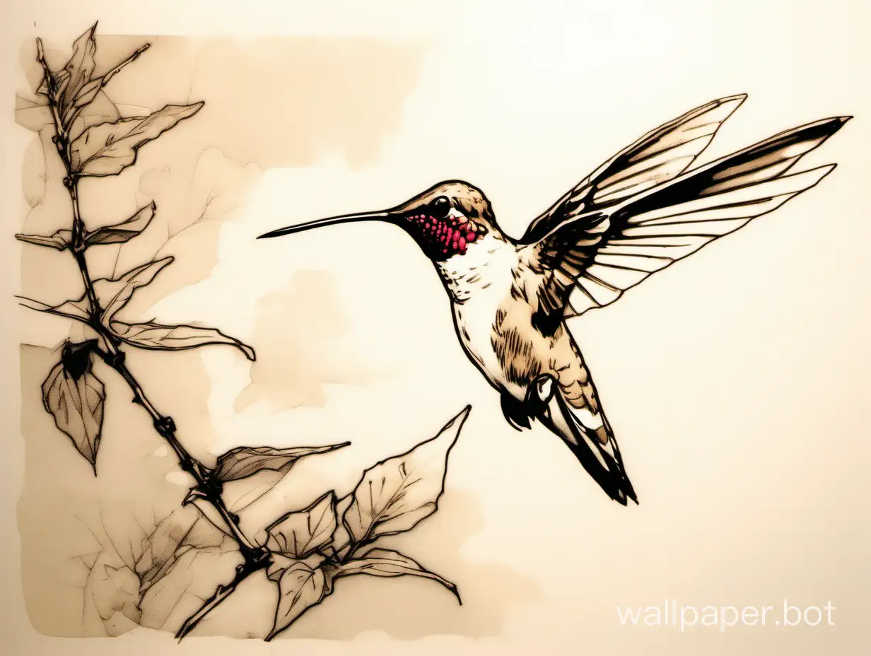 sepia toned sketch of a "ruby-throated hummingbird" landing on a branch in the style of Yoji Shinkawa