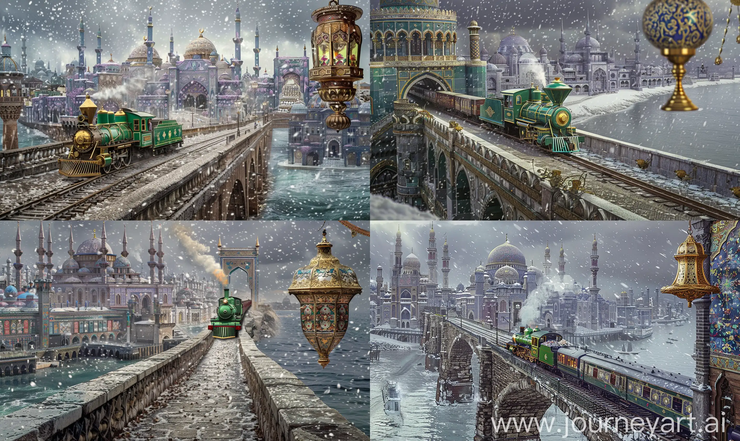 Cinematic photo: An islamic stonebridge going towards into a seafront city, a green golden steam engine train moving on the bridge towards the middle of city, in the background is the wide seafront city of lavender and blue and red marbled islamic buildings and mosques, decorated with floral persian tiles and golden ornaments, dark grey dramatic weather, snowfall, a glorious islamic lamp hanging on side of the image; London styled --ar 5:3