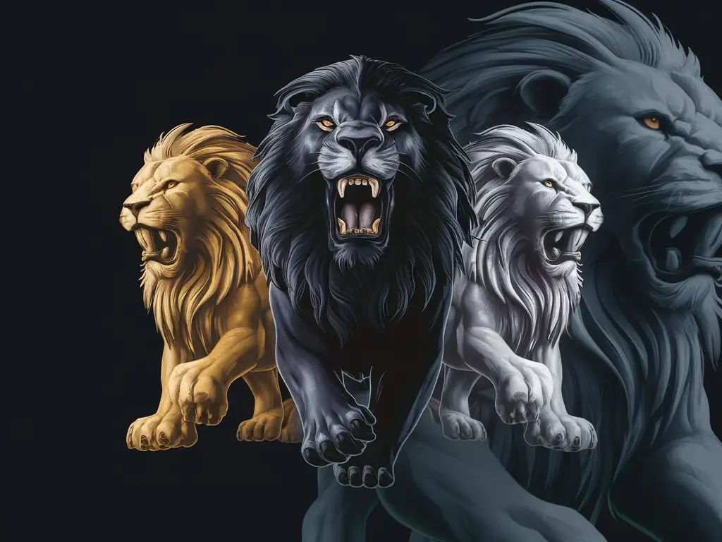 Логотип три льва: в середине черный лев, по бокам золотой и белый львы. Сила, мощь, величие, рык, власть. Векторная графика, стиль реалистик фэнтези, 4K, иллюстрация, черный фон.