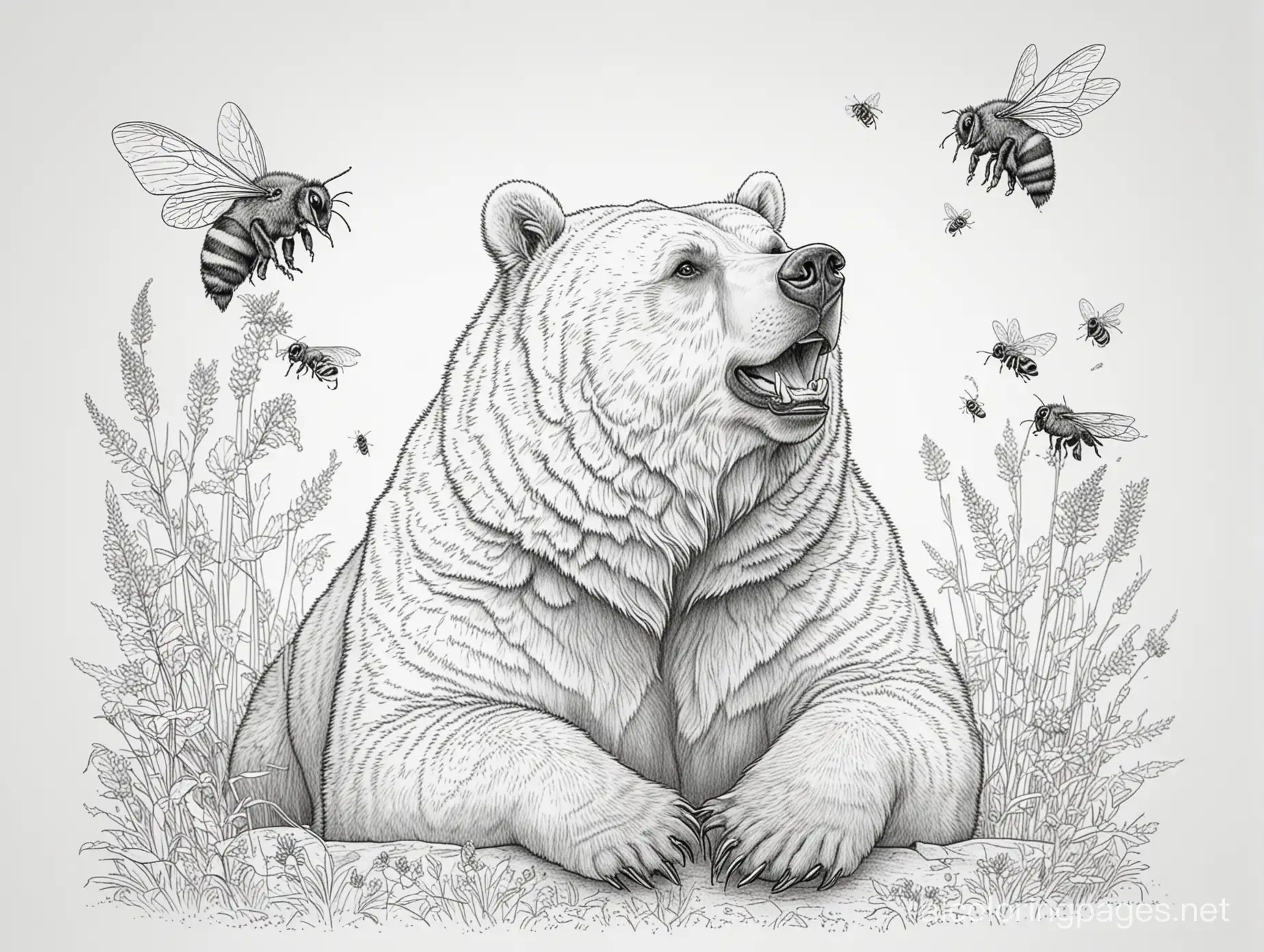 A grizzly bear sitting down with a bee flying in front of its face, Coloring Page, black and white, line art, white background, Simplicity, Ample White Space. The background of the coloring page is plain white to make it easy for young children to color within the lines. The outlines of all the subjects are easy to distinguish, making it simple for kids to color without too much difficulty
