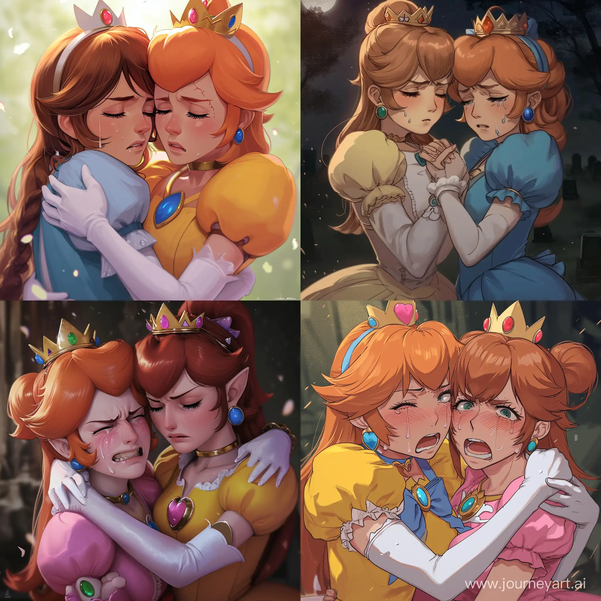Princess daisy and princess peach Lesbian european french and short sleeves puffy sleeves hug crying wail cemetery