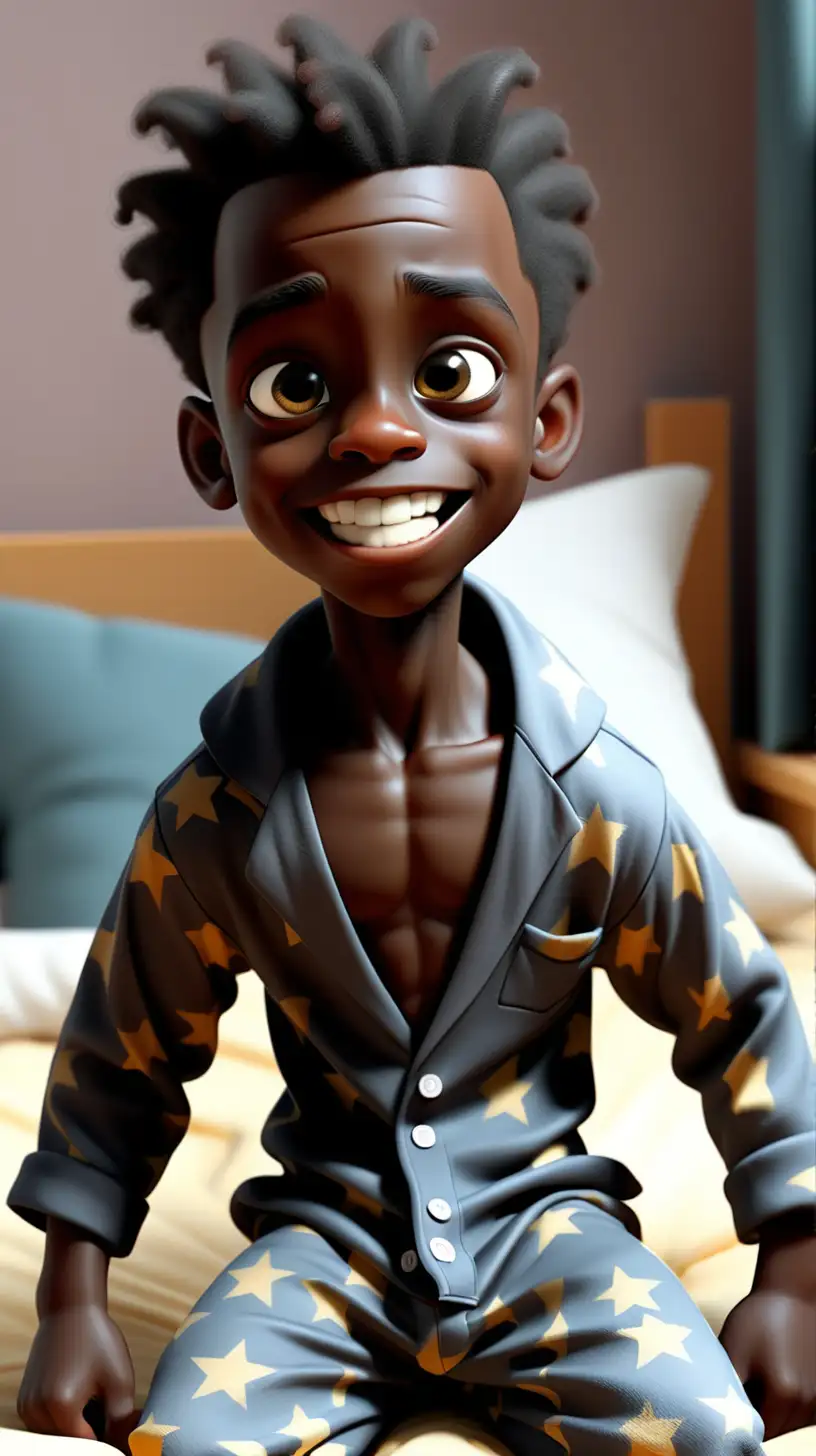 A black belgian boy happily woke up very early with pajamas. 