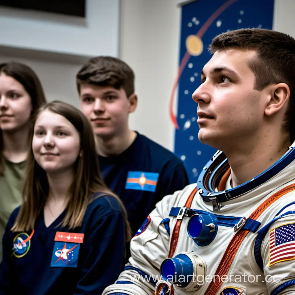 студенты смотрят в космос с космонавтом