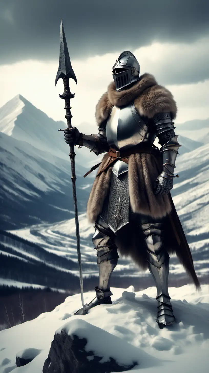 Knight in furs with a large spear in the foreground. Harsh mountain landscape in the background. 