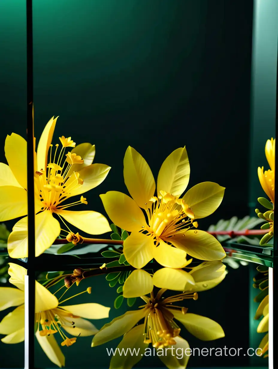 Acacia-Yellow-Flower-Close-Up-on-Dark-Green-Mirror-Glass-Background