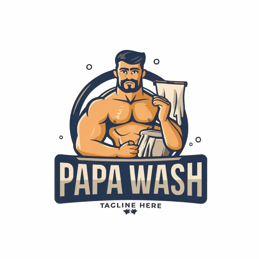 LOGO-Design-For-Papa-Wash-Bold-Mustachioed-Man-Doing-Laundry-on-Clear-Background