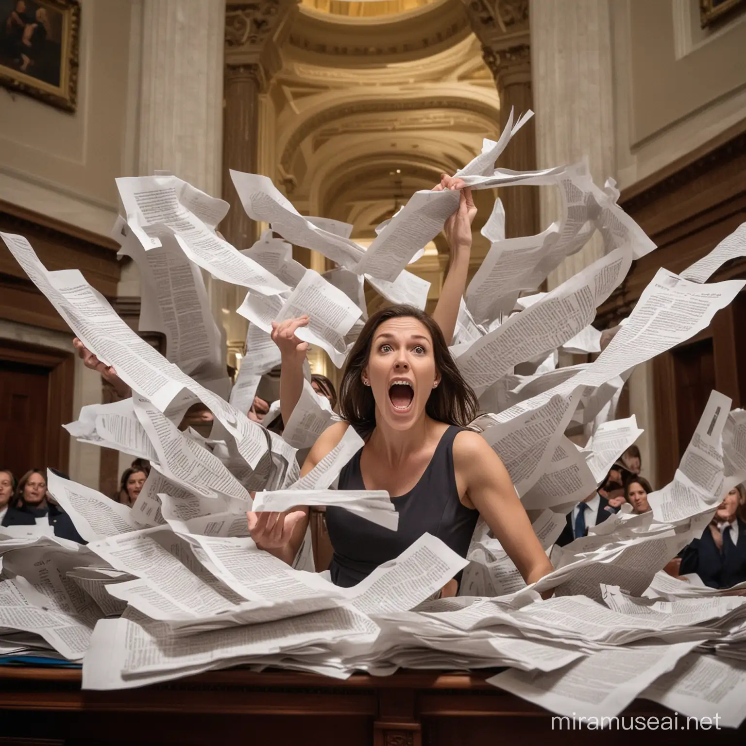 Woman with several extra arms, multiple arms, ten arms, extra arms, holds a lot of paper in her hands, flying pages, paper pile, beautiful hands, screams in the US Senate, senators sitting in the background