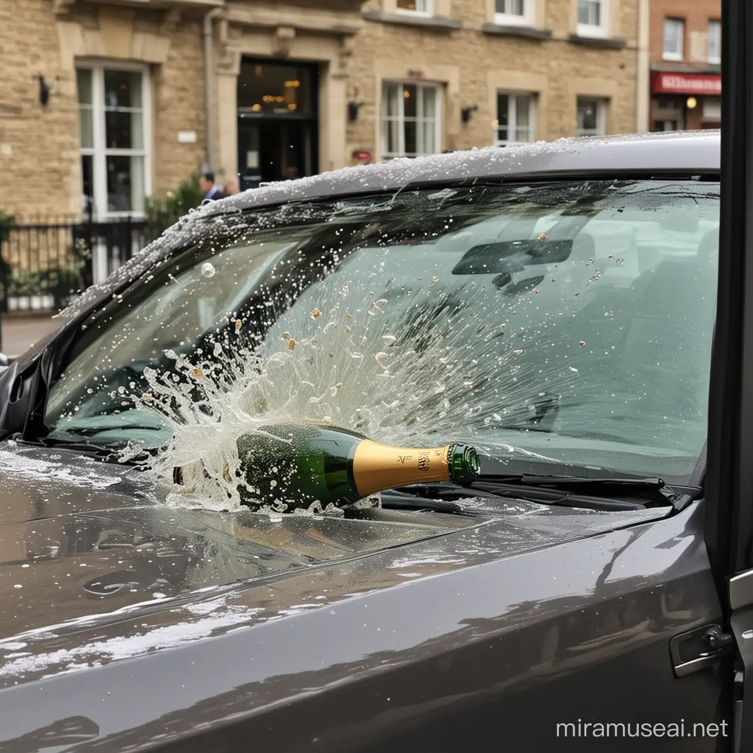 bottle of champagne getting smashed into car front window 
