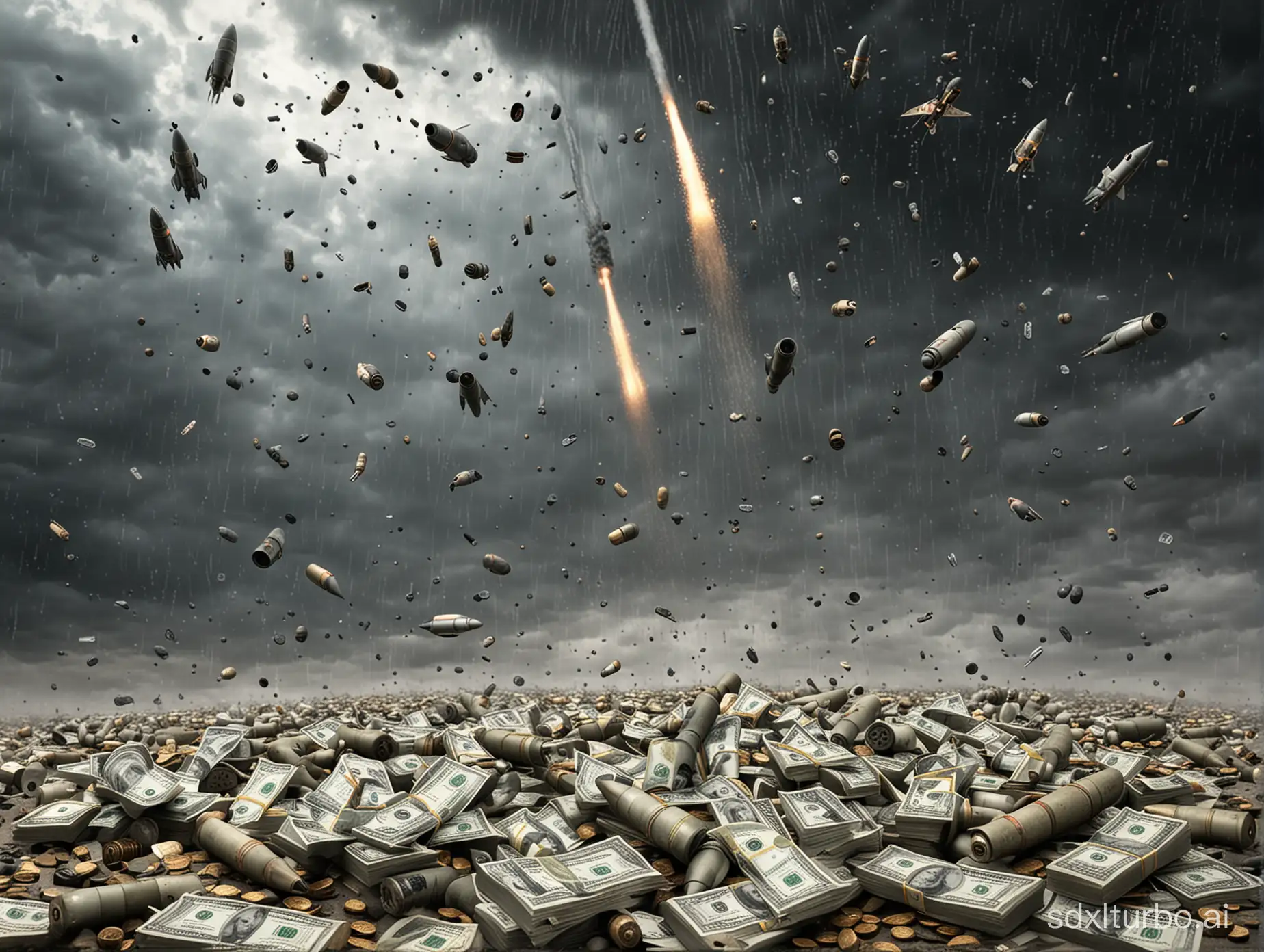 A very photo realistic image showing lot of bombs and rockets raining down from a very gloomy sky and dropping onto dollars and stacked piles of money.