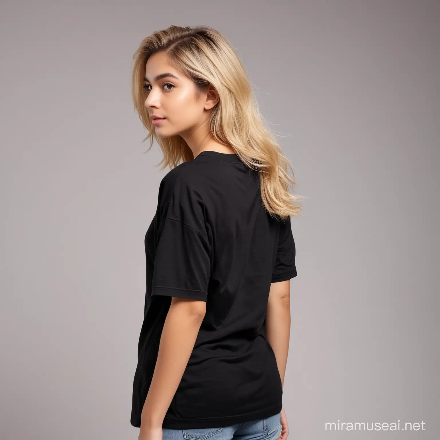 pakistani teen girl blonde hair wearing a plain 
black oversized t shirt with simple background doing a tshirt brand shoot,back view
