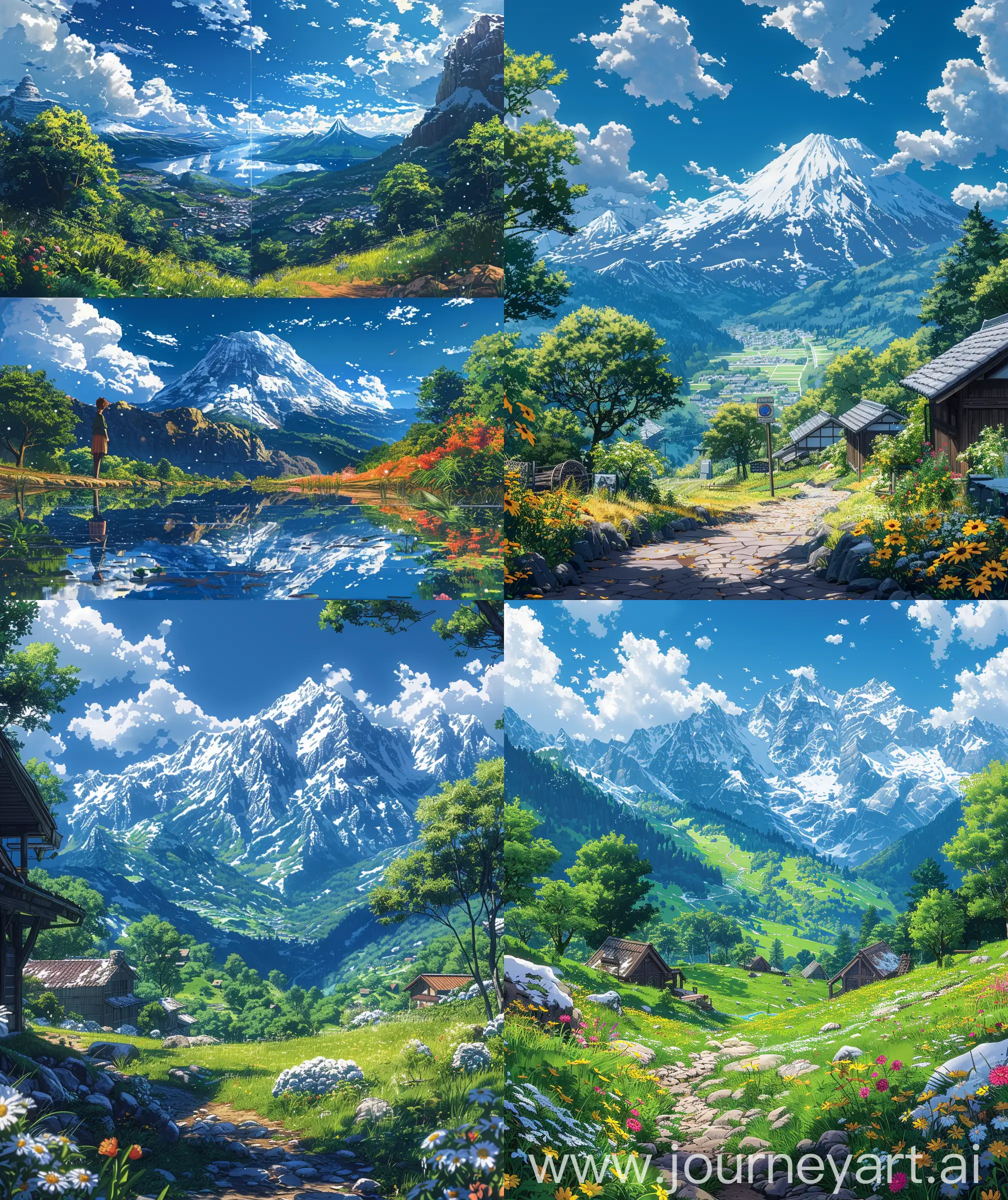 Serene-Anime-Summer-Various-Snowy-Mountain-Nature-Scenes