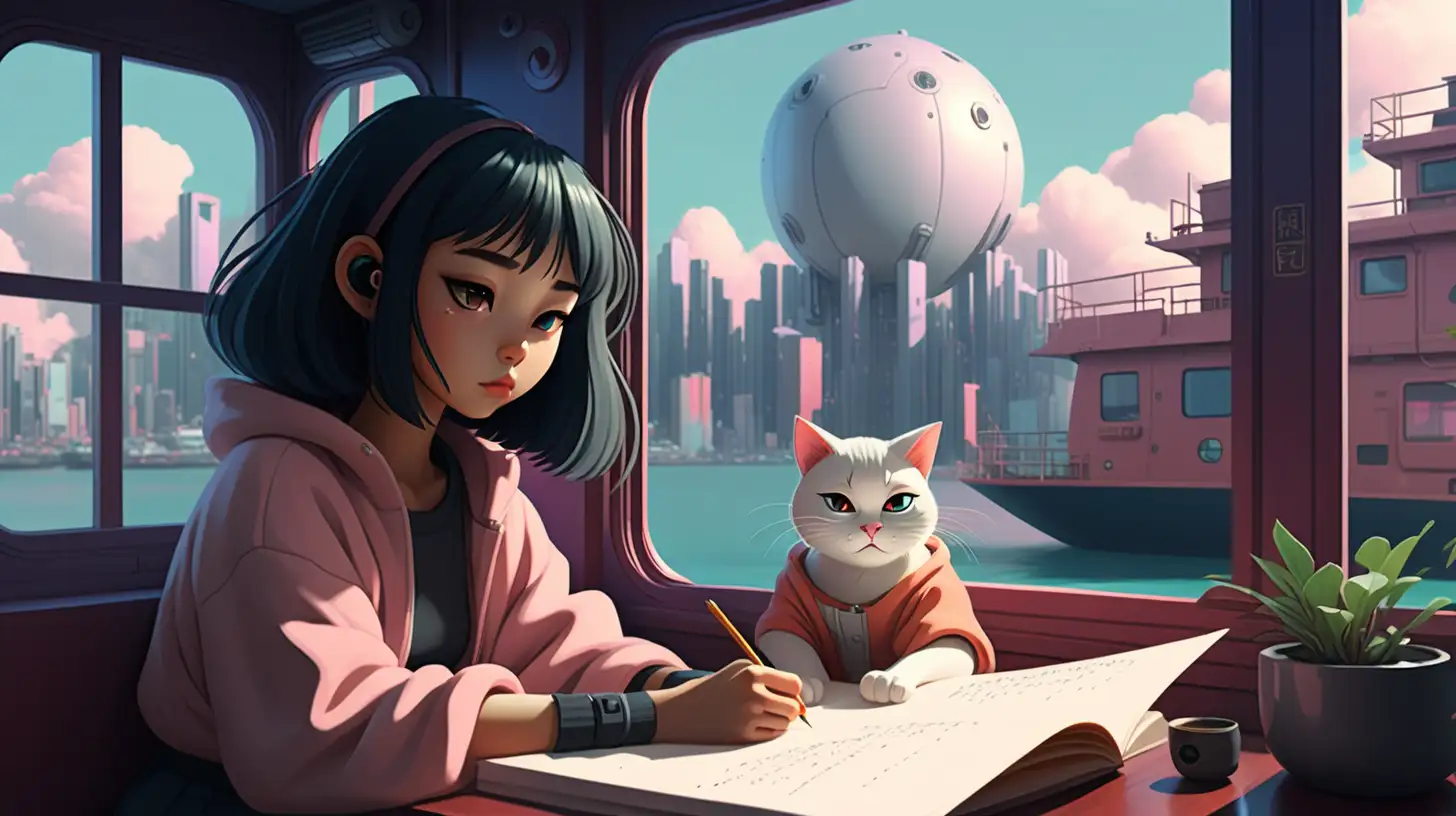 lofi girl sitting in a window writing with a cat in a cyber ish dystopian future cozy asian place on a ship
