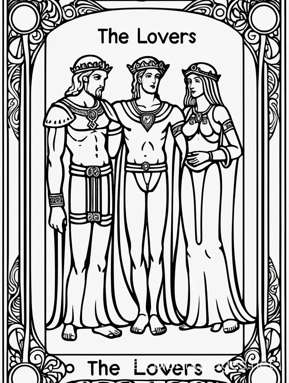 tarot card THE LOVERS coloring page with "THE LOVERS" text on the bottom, male harem one female with three male, Coloring Page, black and white, line art, white background, Simplicity, Ample White Space. The background of the coloring page is plain white to make it easy for young children to color within the lines. The outlines of all the subjects are easy to distinguish, making it simple for kids to color without too much difficulty