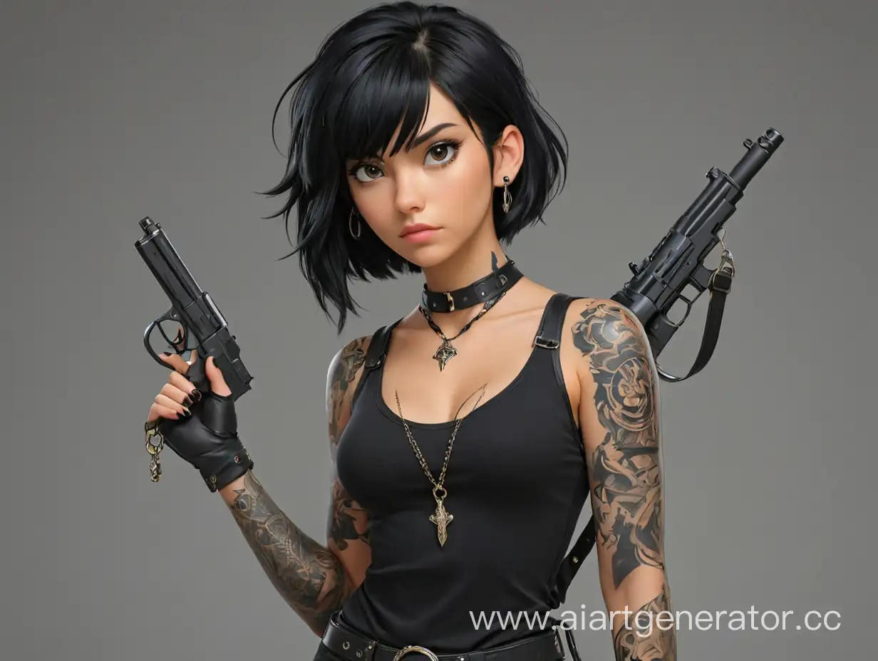Девушка с черными волосами, пренебрегающий взгляд , в черной одежде, на правой руке, ключице и шее татуировка, стиль одежды, на ноге двойная кабура с оружием, подвеска на ремне на груди