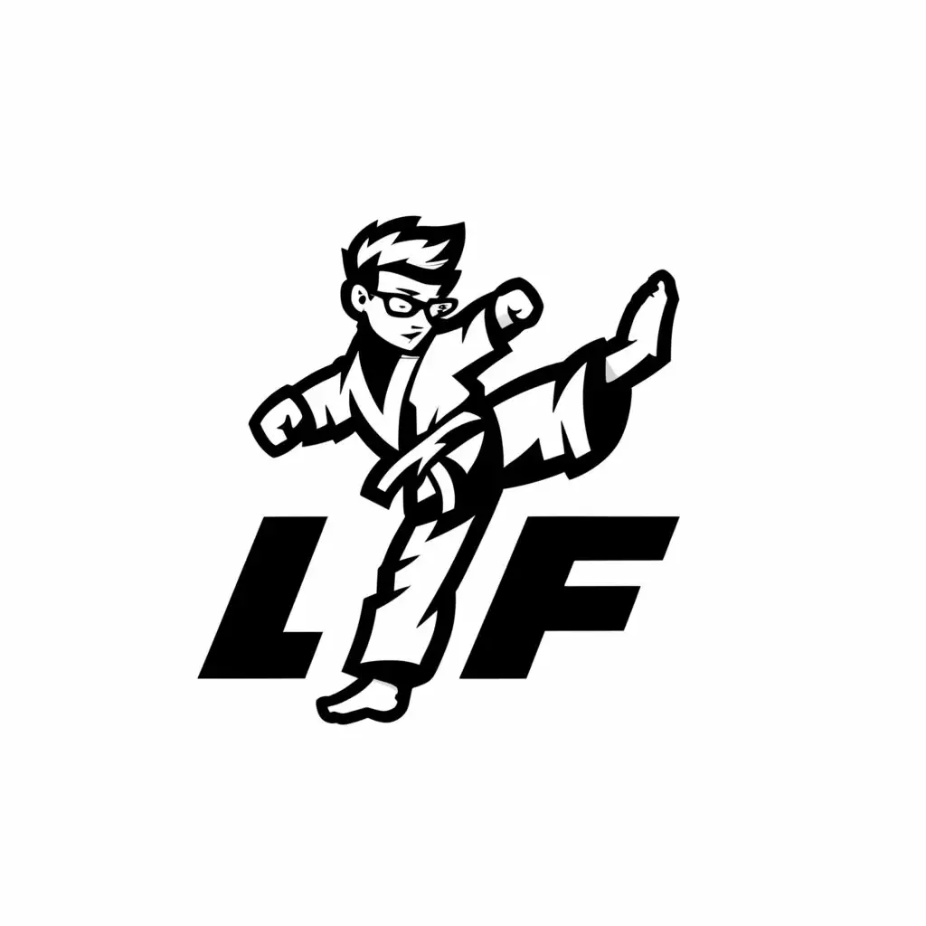 a logo design,with the text "LF", main symbol:karate kid with headband and glasses,Minimalistic,clear background
