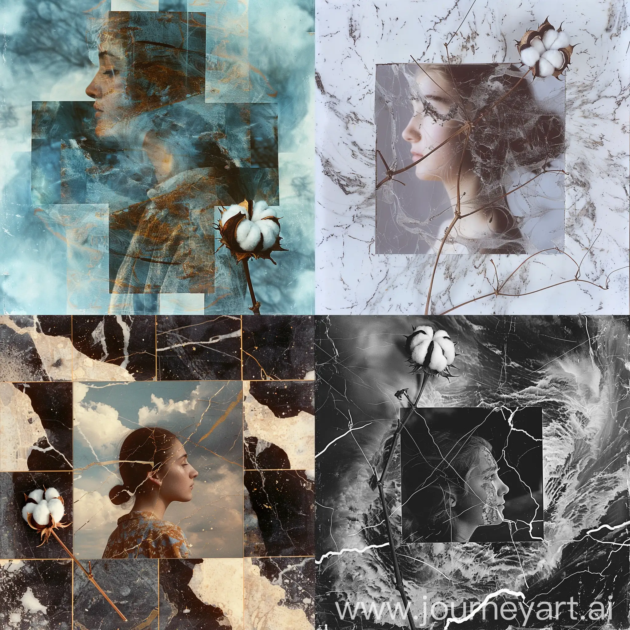 1990,girl, marble  pattern, тройная экспозиция, geometry, портрет девушки в квадрате, storm, Gossypium, сухоцвет хлопка