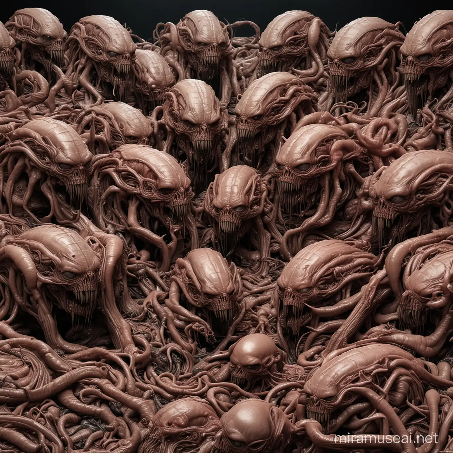 piles of fleshy flesh, biomechanic creature, inspired by hr giger, high realistic, detailed, dark background