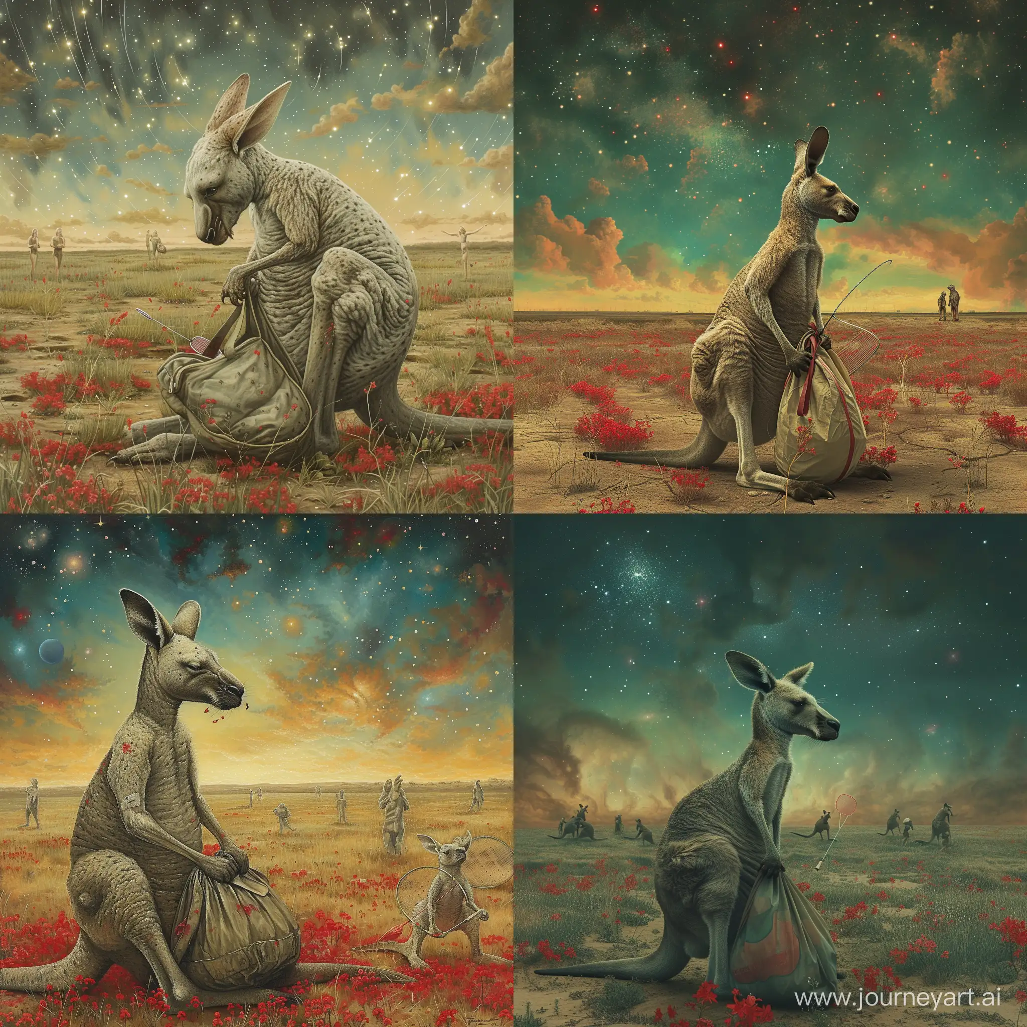 Solitary-Kangaroo-with-Badminton-Bag-in-Cosmic-Grassland