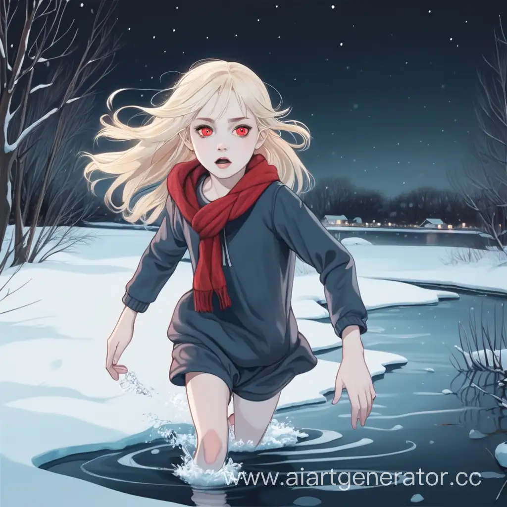 Беловолосая бледная девушка с красными глазами бежит по воде в зимнюю ночь