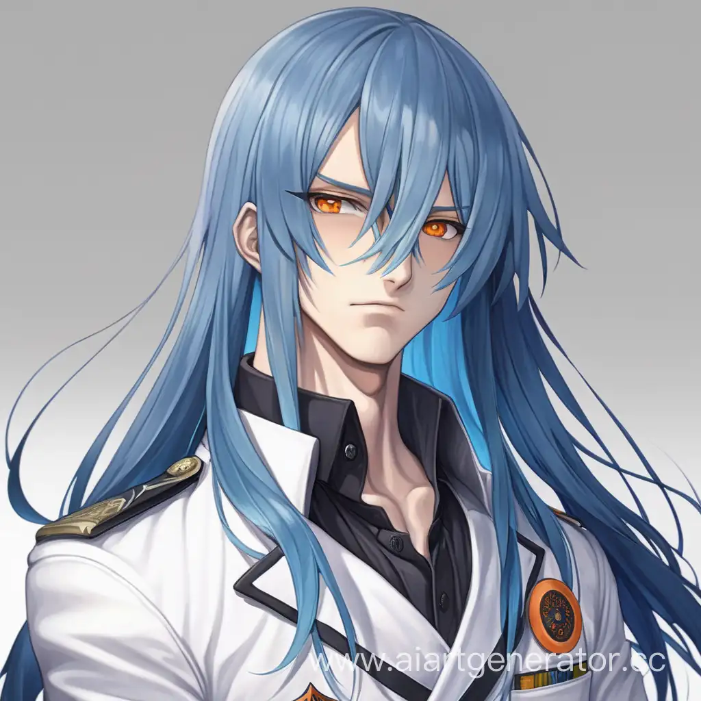 Anime guy, blue long hair, orange eyes, white uniform, tattoo on the neck