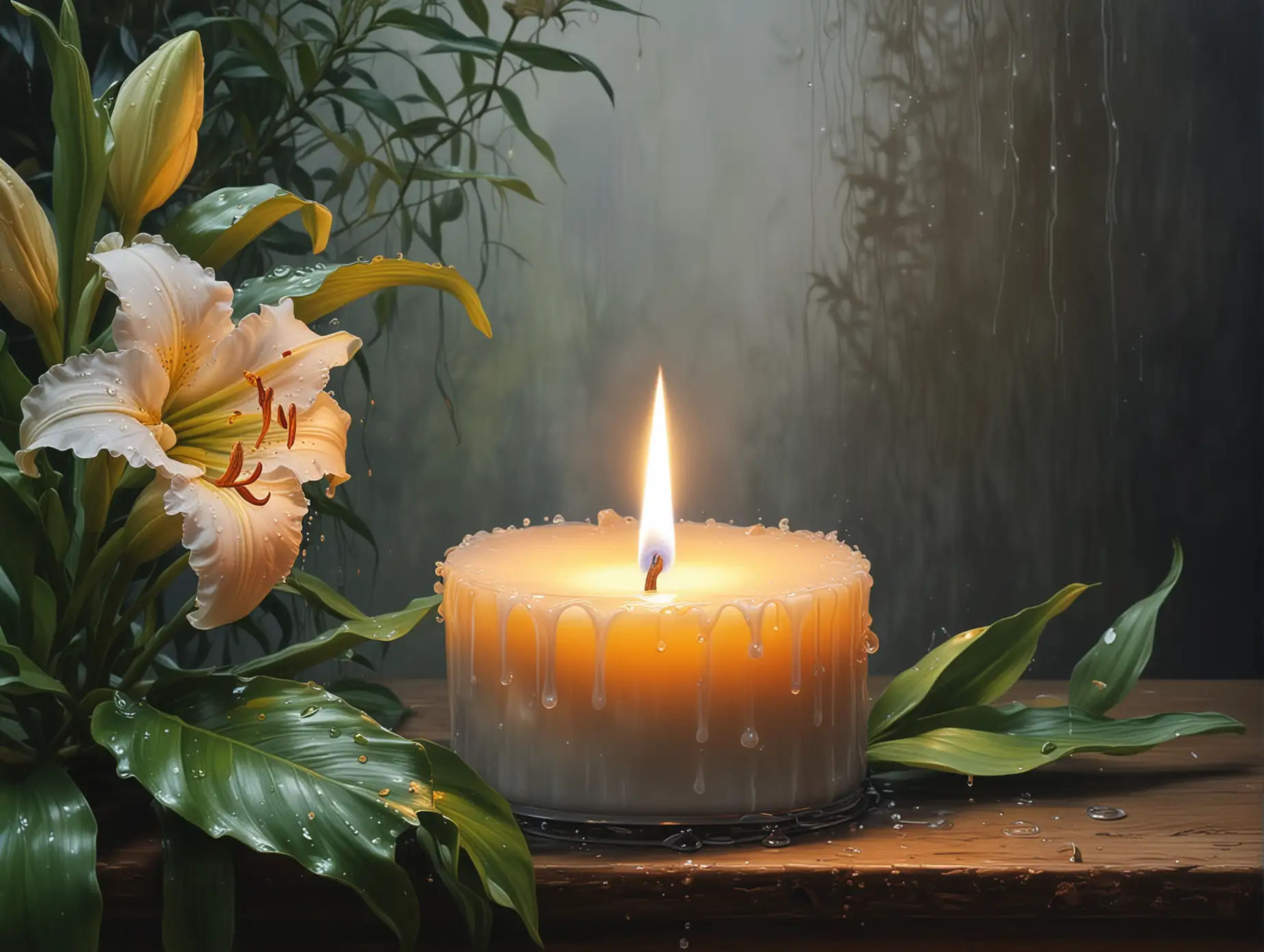 hyperrealistic painting with a burning candle with dripping wax, next to a lily branch and green leaves, blurred flowers in the background