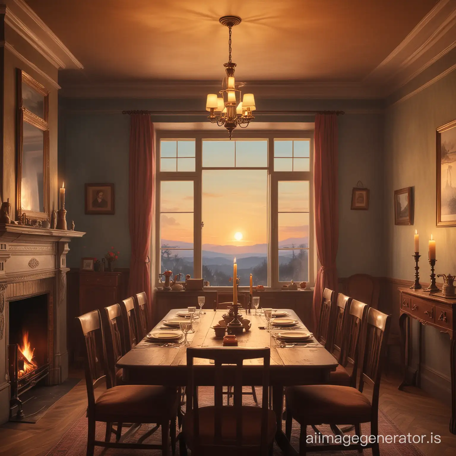 A 1920s luxurious dinning room, with a fireplace, a window with the late evening sky peeking through, with one lonely candle at the corner of the room, in a 1920s slight illustration style, slightly illustrated, in a style of a communist poster
