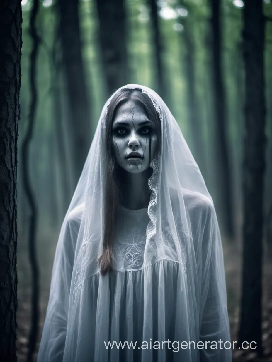 Призрак очень красивой девушки с нормальным лицом в лесу. Славянский сеттинг