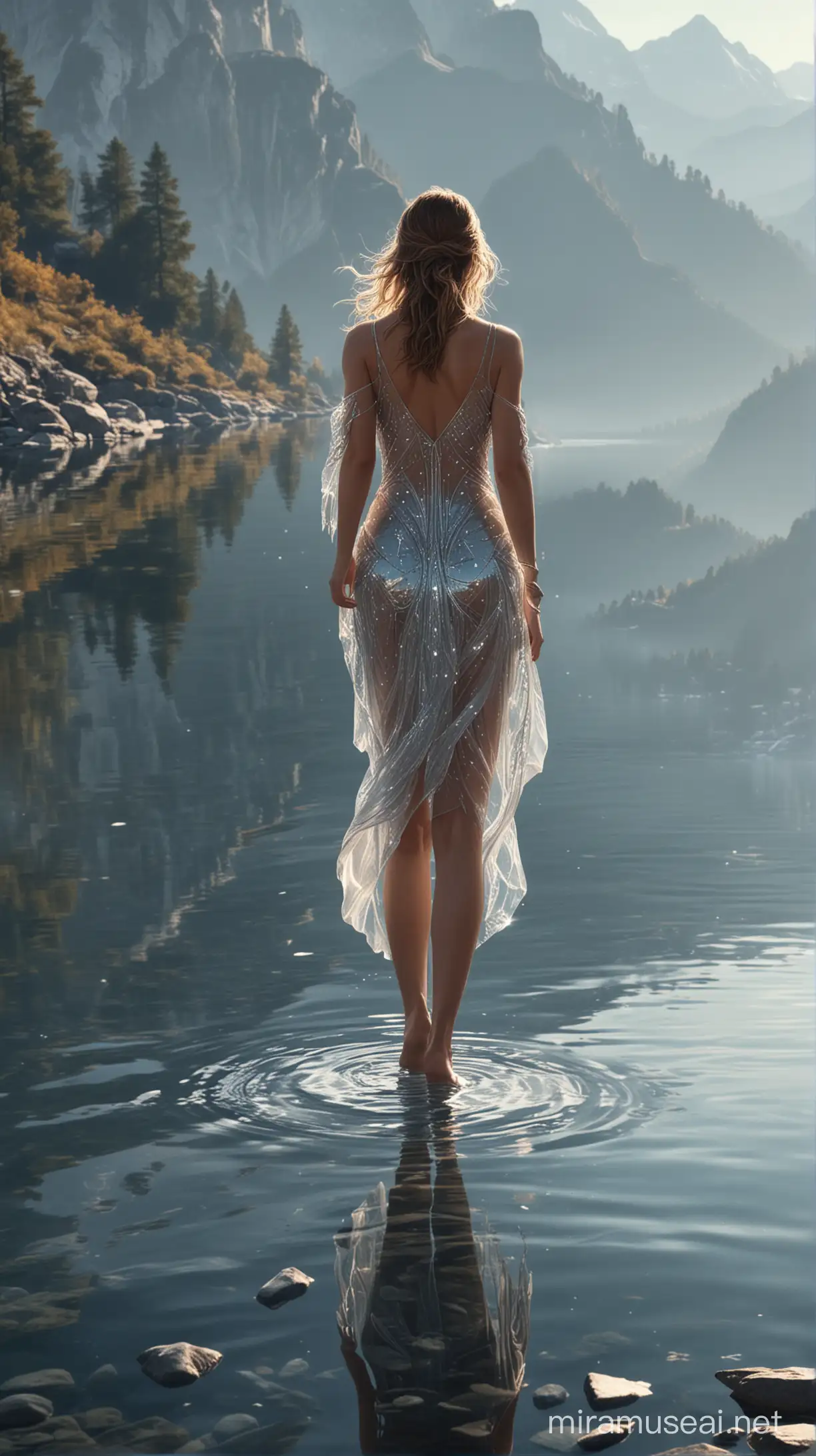 De manière très réaliste, une femme sublime en cristal, marchant sur un lac, au milieu des montagnes