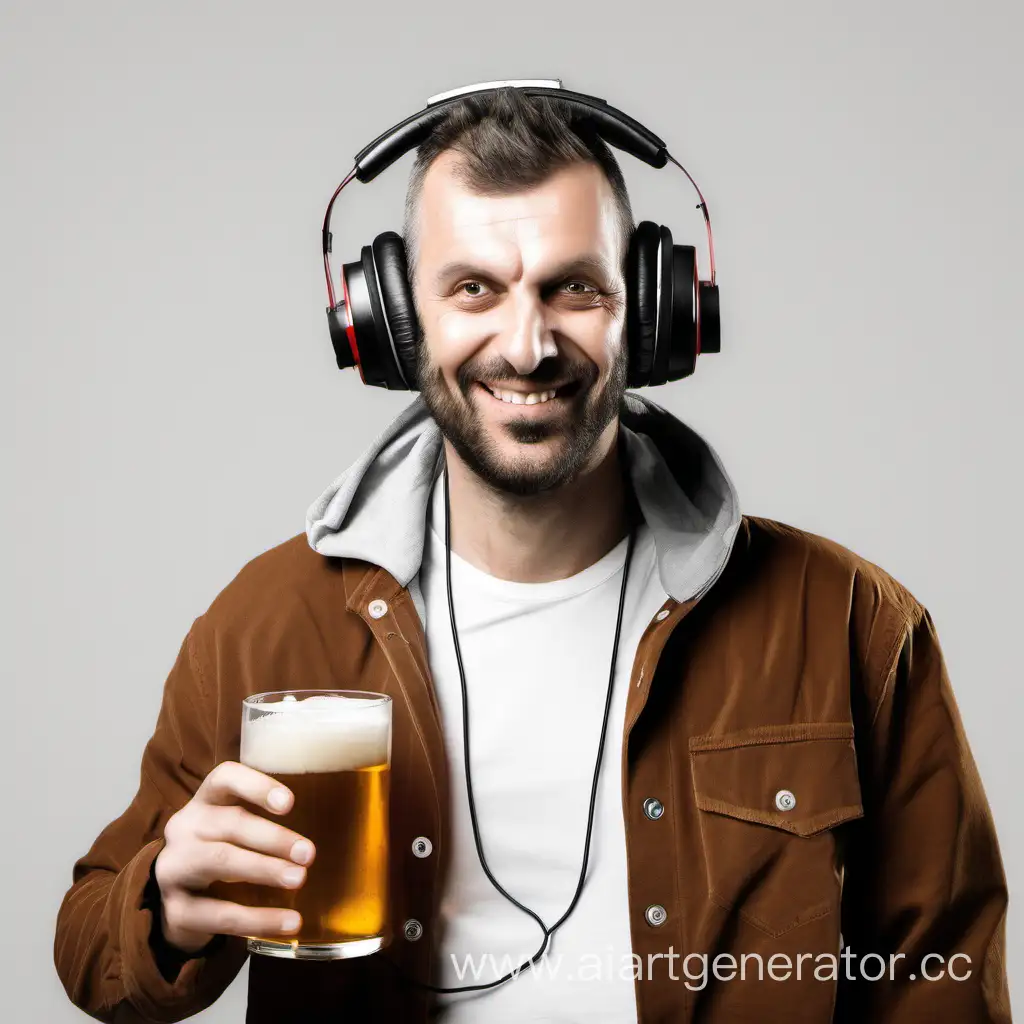 Man-Enjoying-Beer-with-Headphones-On