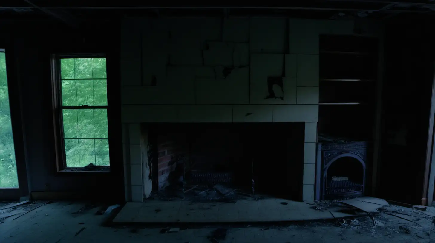 abandoned home interior wide shot fireplace