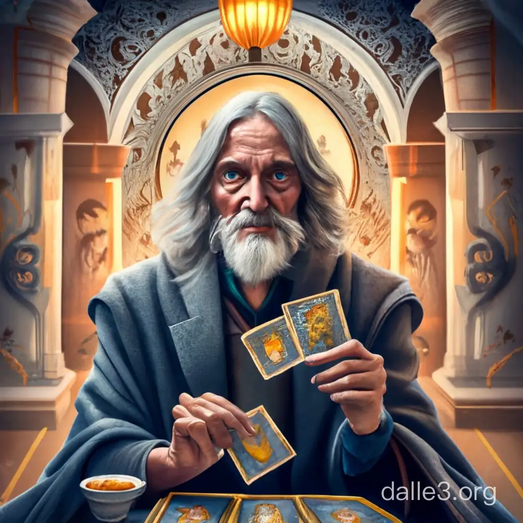 Subject: An adorable old man with tarot cards

This AI-generated image showcases a charming old man grey hair, in grey cloak with taror cards in heands. The combination of the man's reputable appearance and the tarot cards creates a magical scene that is perfect for esotericism lovers and those who appreciate tarot.

Setting: Middle Ages Atmosphere

The background features a middle ages atmosphere, perhaps with hints of magical decorations or a esotericism indoor setting. The use of warm and inviting colors enhances the overall esoteric mood, making the image visually appealing and suitable for various magical contexts.

Style/Coloring: mysterious and magical

The image is crafted in a mysterious style, emphasizing the man's insightful expression and the magical nature of room. Vibrant and mysterious colors, such as reds and greens, are likely incorporated to enhance the esotericism theme, creating a visually engaging and delightful composition.

Action: Dog Wearing Elf Hat

The main action captured in the image is the old man with tarot cards in hand and looking to you. This not only adds a touch of magic but also conveys a sense of insightfules, making it a perfect image for esoteric content or tarot enthusiasts.

Items/Costume: Tarot cards
The focal point of the image is the old man with gray beard and tarot cards. The tarot cards itself becomes a significant accessory, symbolizing magical cheer and adding a unique element to the mans's appearance.
Costume or Appearance: Serious and Magical
The man's appearance is magical and esoteric thanks to the gray robe. The combination of the mans's natural charm and the magical accessory creates an esoteric and visually magi character that can resonate with a broad audience.