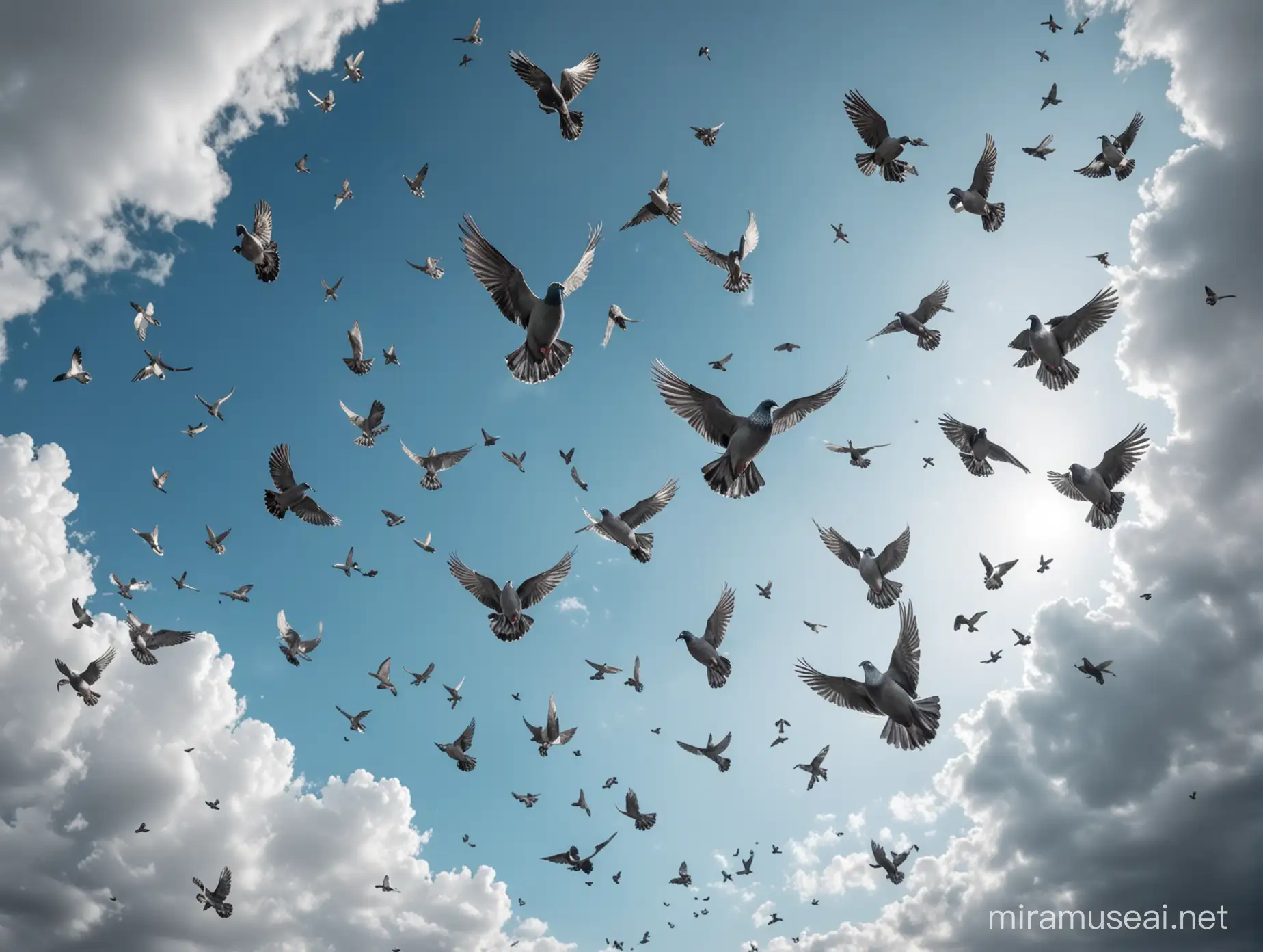 Monochrome Sky with Flying Pigeons Photorealistic View from Below