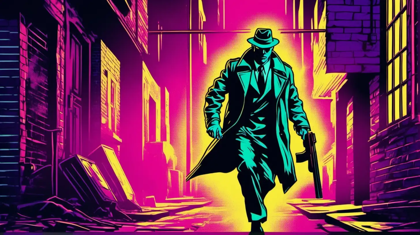 Image of a man in a trenchcoat holding a shotgun running through a city alley, neon, Vintage retro style.
