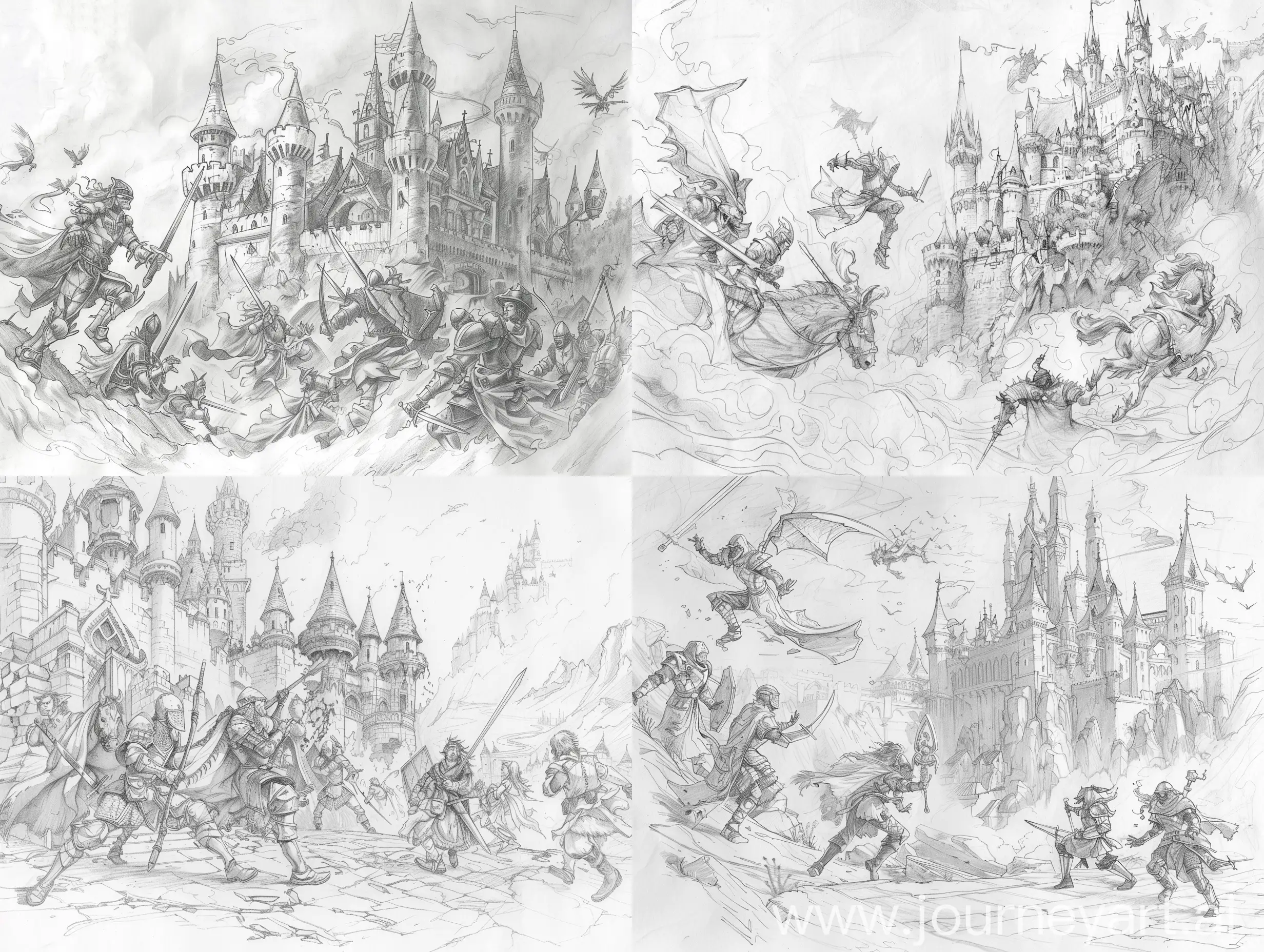 Pencil Sketch of a medieval fantasy scene, characters with dynamic poses, castles in the background