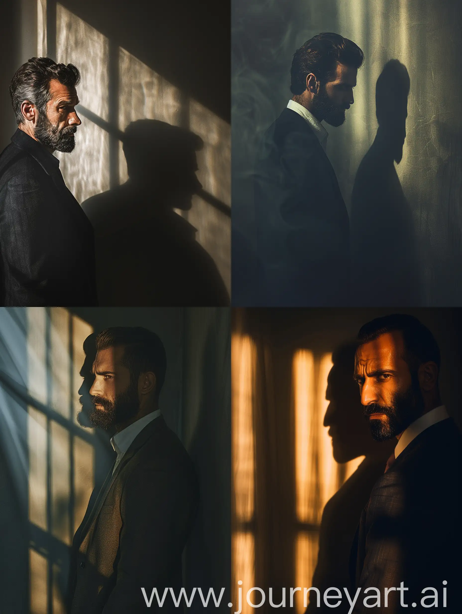 A Sad Man with Beard and Hair Trimmed Standing Next to the Wall in Dark Place, The Light Shines on the Man And the Shadow of the Man on the Wall, Formal Outfit, Cinematic Photography Style, Natural Shadow, Natural Color Details, Extremely Details, High Quality --v 6.0 --ar 3:4