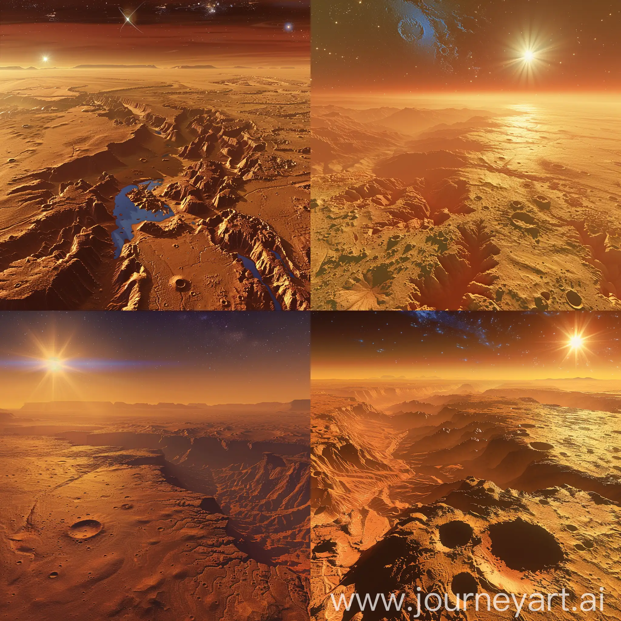 Yellow-brown sky and blue reflection from the Sun. Reddish plains with canyons and mountains stretching to the horizon. Small craters on a surface covered with traces of erosion. A light haze of dust gives the sky a reddish hue. Stars are visible during the day. Realistic.